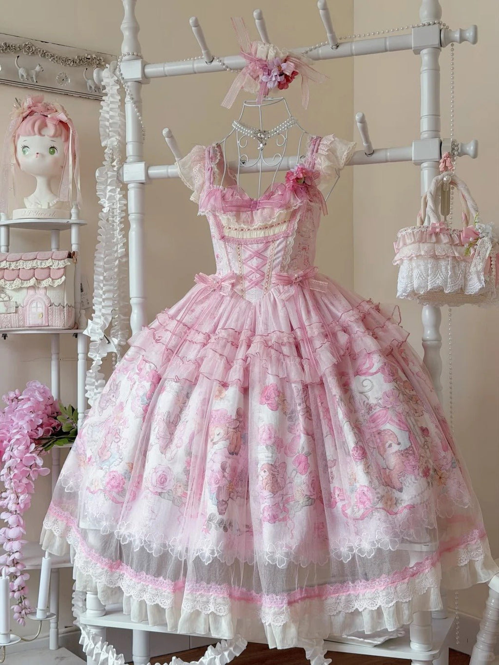 Pink Jacquard Print Sweet Classic Lolita JSK and Accessories - image 10