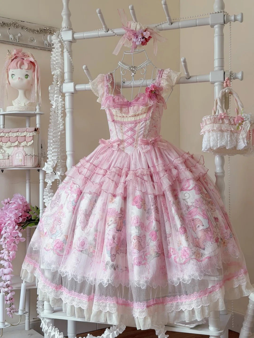 Pink Jacquard Print Sweet Classic Lolita JSK and Accessories - image 10