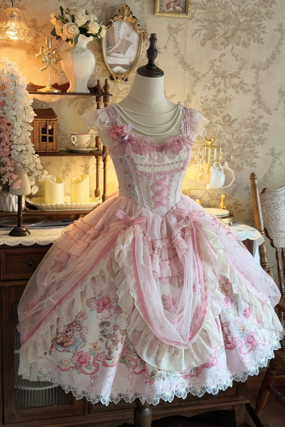 Pink Jacquard Print Sweet Classic Lolita JSK and Accessories - image 1