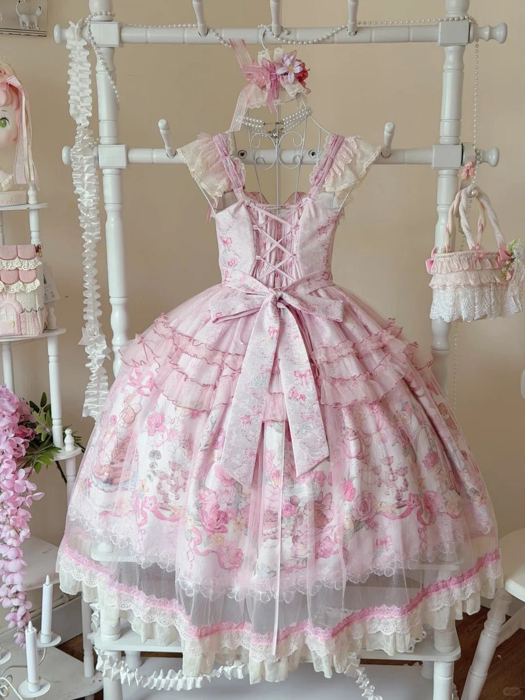 Pink Jacquard Print Sweet Classic Lolita JSK and Accessories - image 11