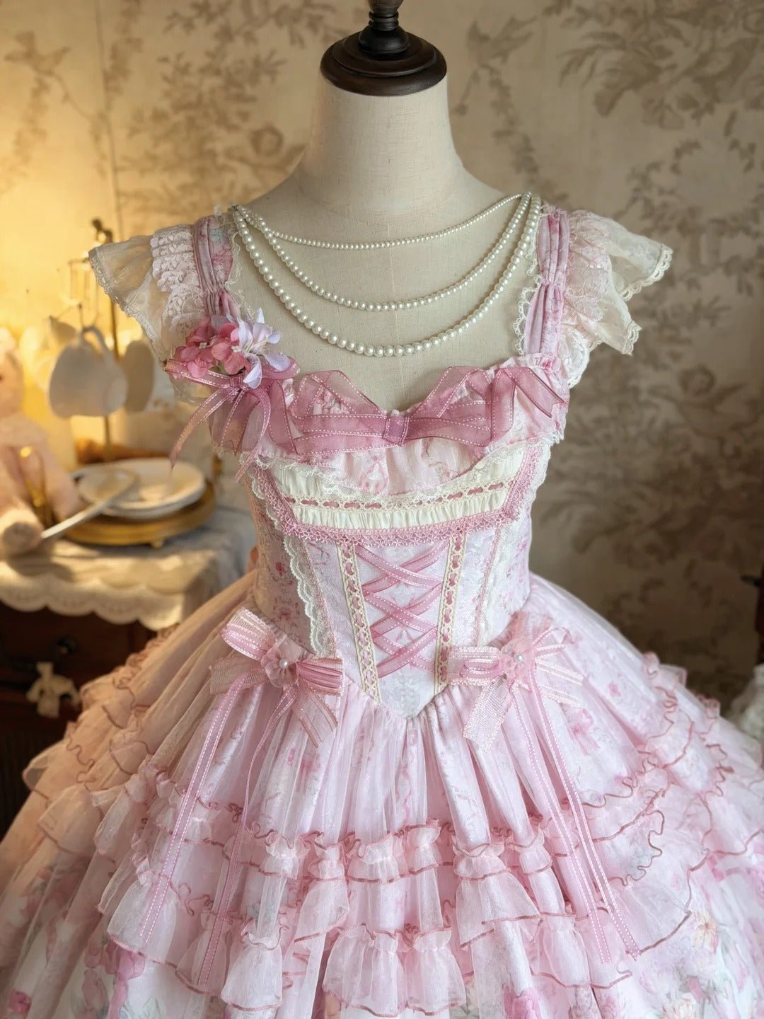 Pink Jacquard Print Sweet Classic Lolita JSK and Accessories - image 4