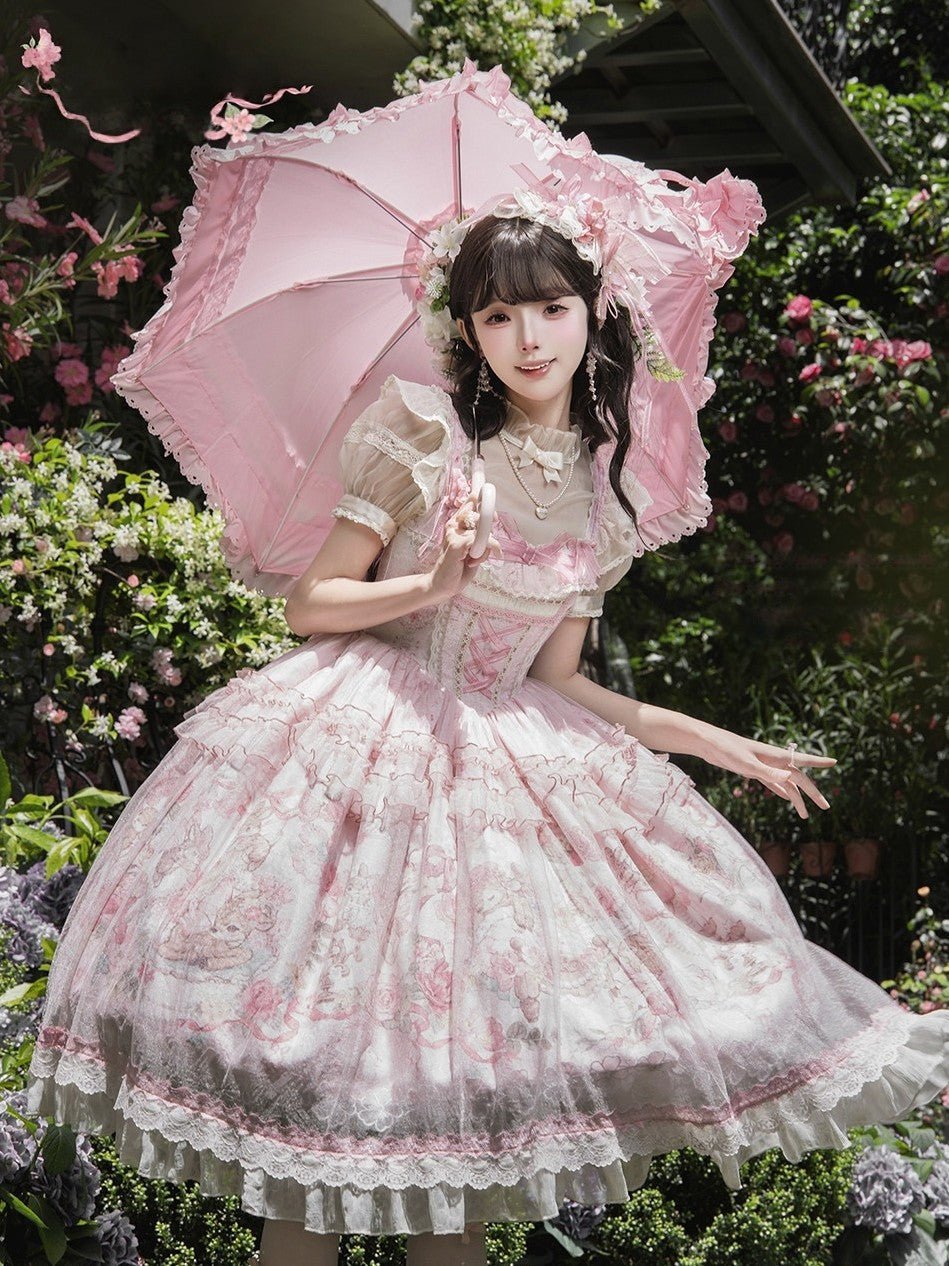 Pink Jacquard Print Sweet Classic Lolita JSK and Accessories - image 8