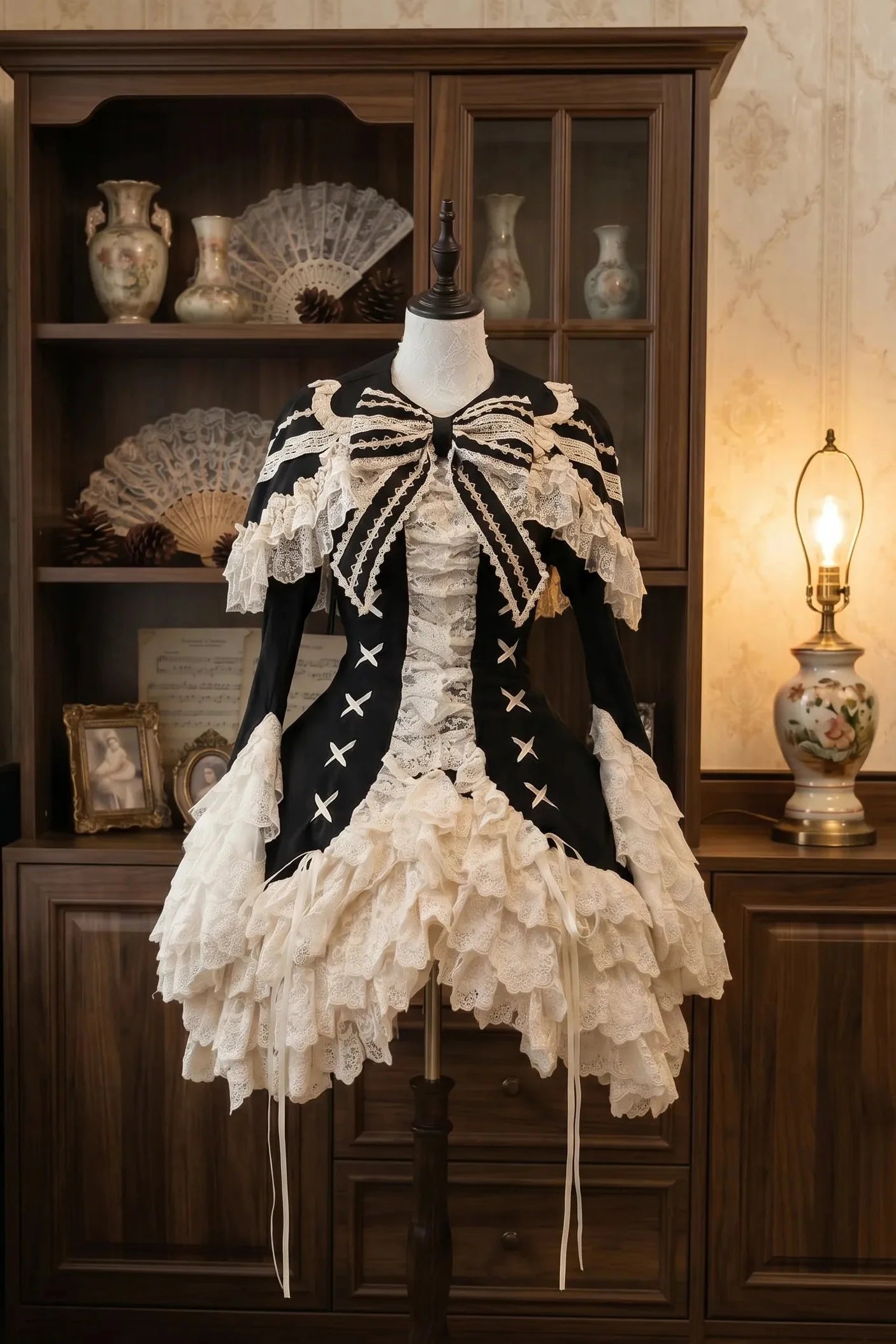 Silver Butterfly Amber - Black Gothic Lolita OP Full Set - image 2
