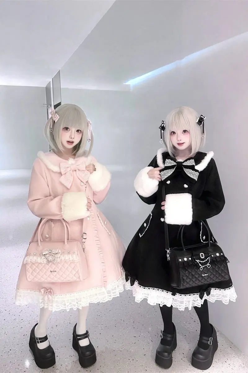Snow Letter - Sweet Lolita Long Coat with Faux-Fur Trim - image 10
