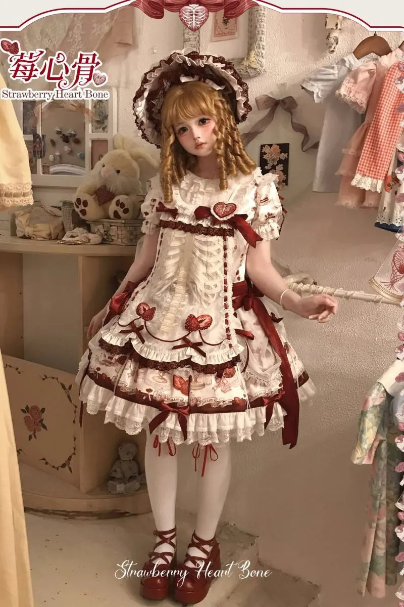 Sweet Doll - Strawberry & Skeleton Print Lolita OP and JSK - image 1