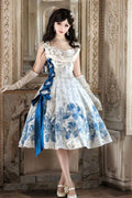 Irises Holiday - Blue Floral Satin-Effect Formal Dress - image 1