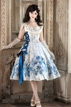Irises Holiday - Blue Floral Satin-Effect Formal Dress - image 1