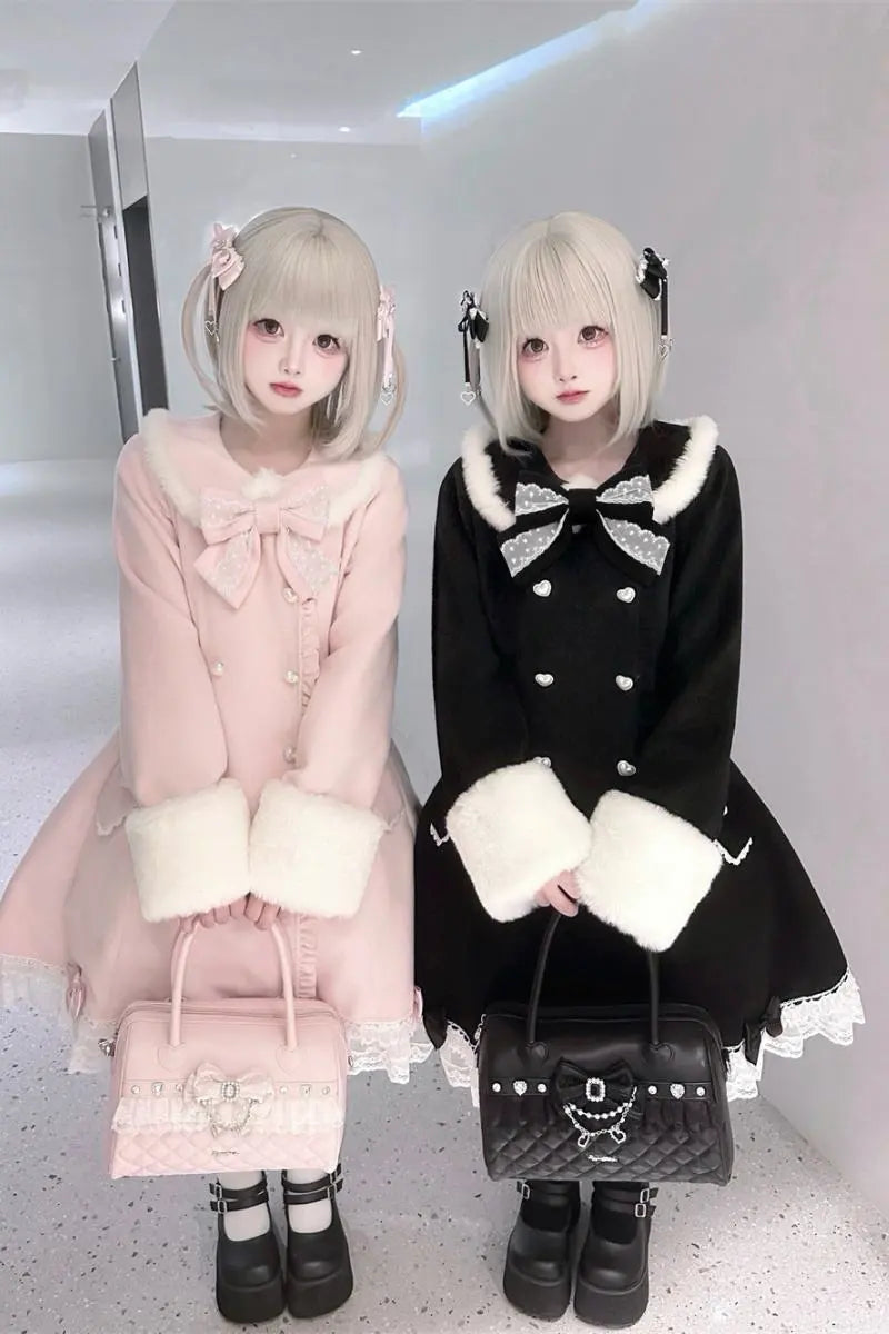 Snow Letter - Sweet Lolita Long Coat with Faux-Fur Trim - image 1