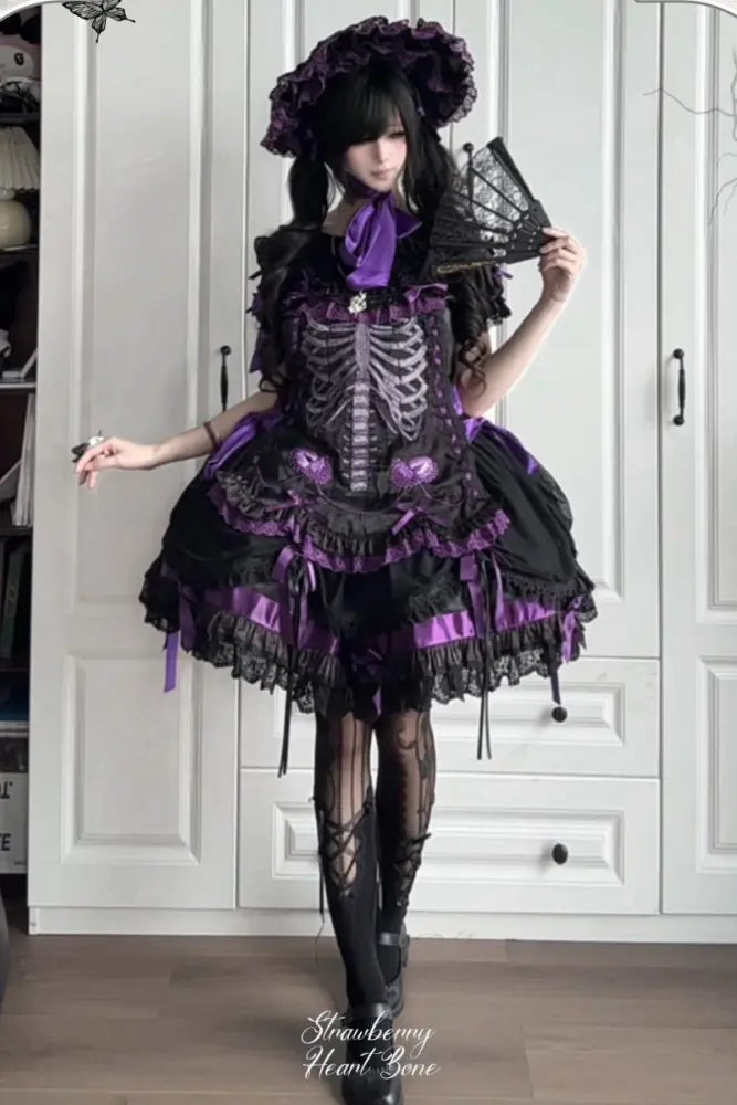 Heart & Skeleton Embroidery - Gothic Lolita OP Dress with Matching Apron - image 2
