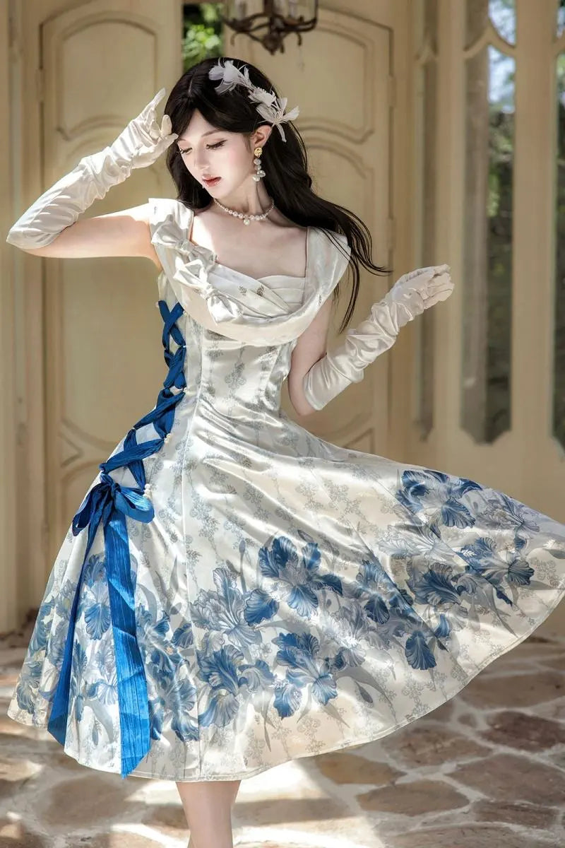 Irises Holiday - Blue Floral Satin-Effect Formal Dress - image 2