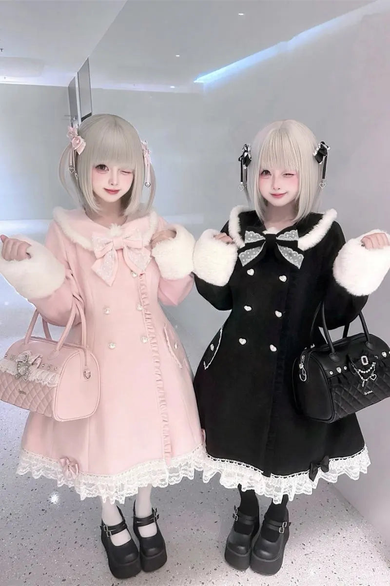 Snow Letter - Sweet Lolita Long Coat with Faux-Fur Trim - image 3