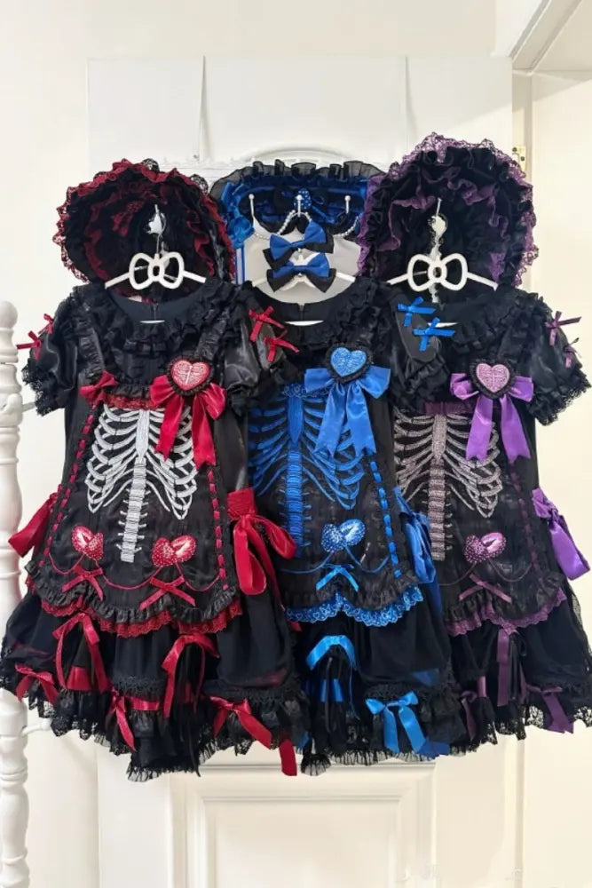 Heart & Skeleton Embroidery - Gothic Lolita OP Dress with Matching Apron - image 3