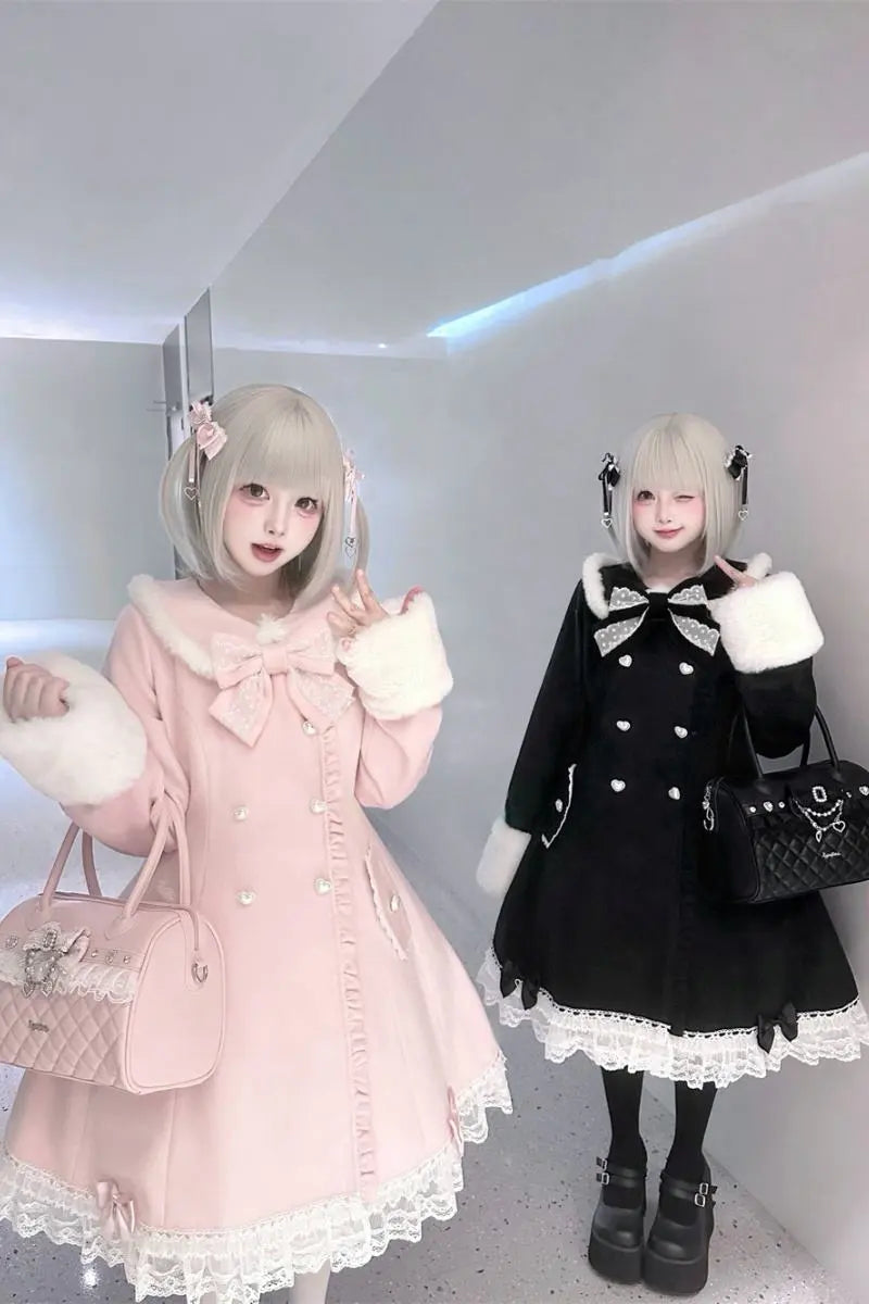 Snow Letter - Sweet Lolita Long Coat with Faux-Fur Trim - image 5