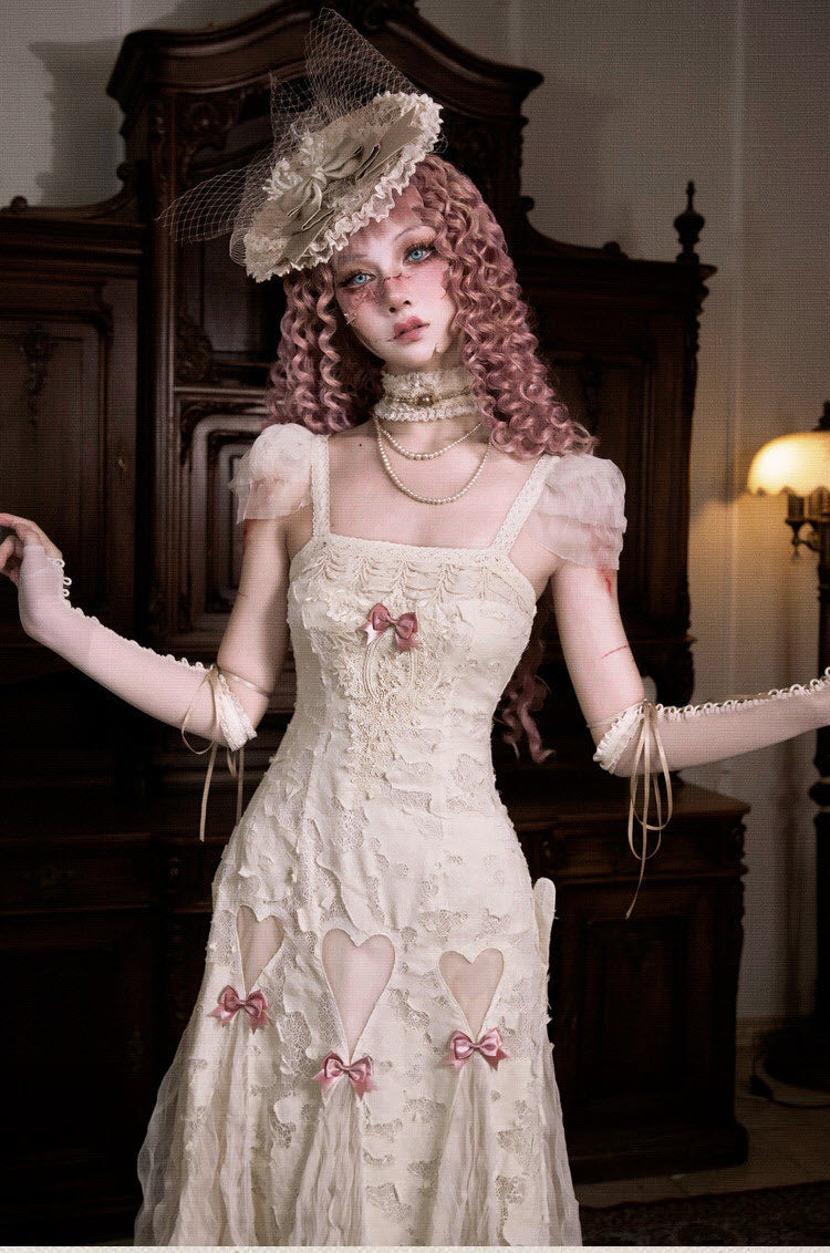 Cupid's Verse-Casket - Heart-Bow Cut-Out Lace Lolita Slip Dress - image 5