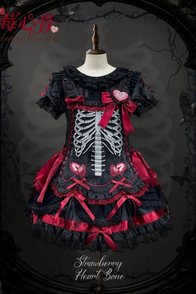 Heart & Skeleton Embroidery - Gothic Lolita OP Dress with Matching Apron - image 5