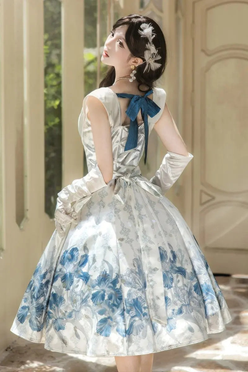 Irises Holiday - Blue Floral Satin-Effect Formal Dress - image 6