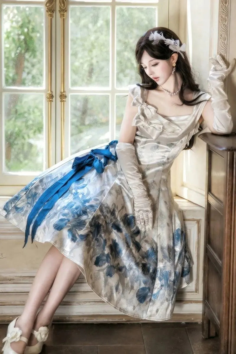 Irises Holiday - Blue Floral Satin-Effect Formal Dress - image 7