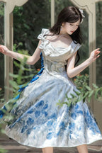 Irises Holiday - Blue Floral Satin-Effect Formal Dress - image 8