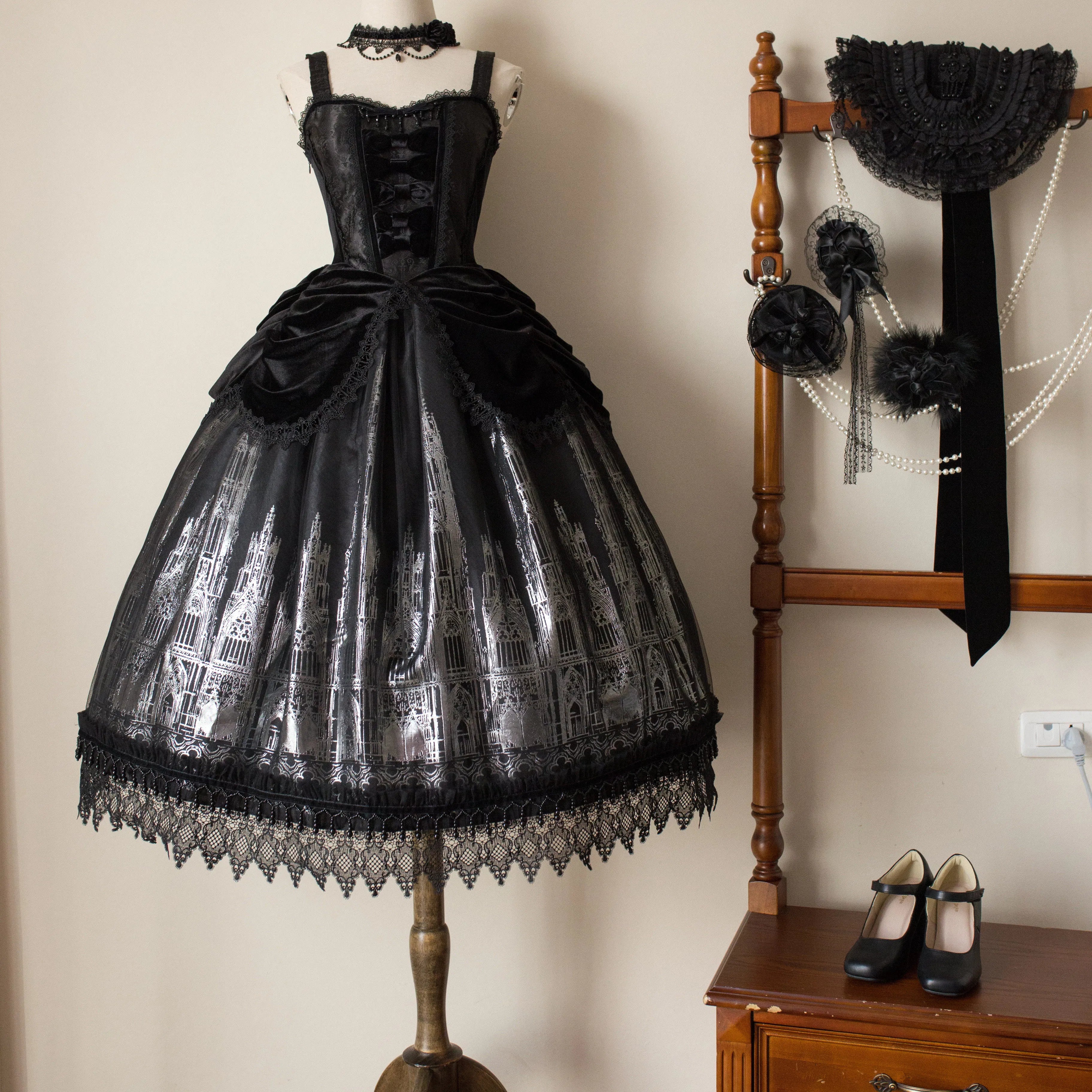 Gothic Cathedral Velvet Lace Corset Lolita JSK and Jacket Set - image 7