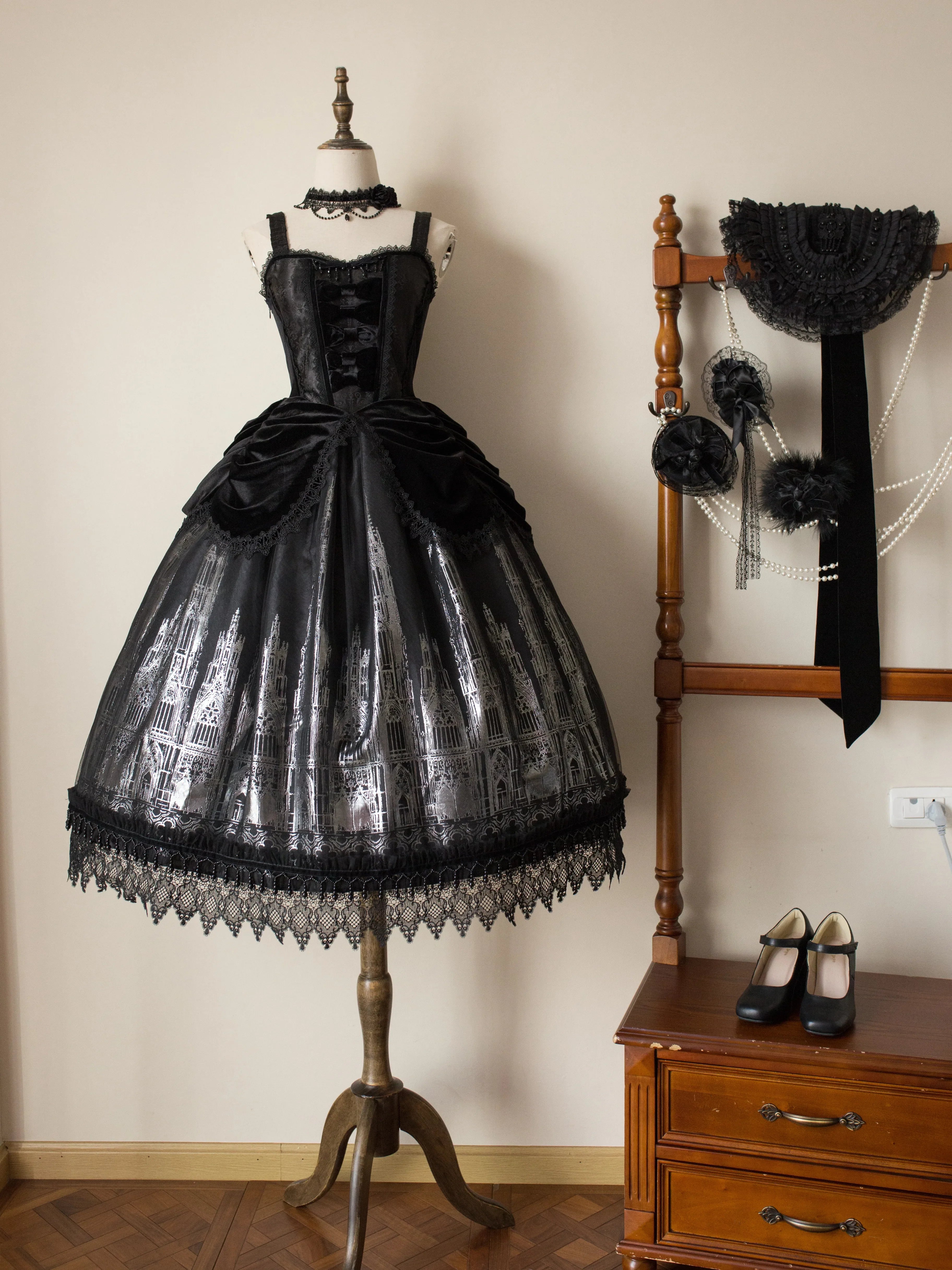 Gothic Cathedral Velvet Lace Corset Lolita JSK and Jacket Set - image 6