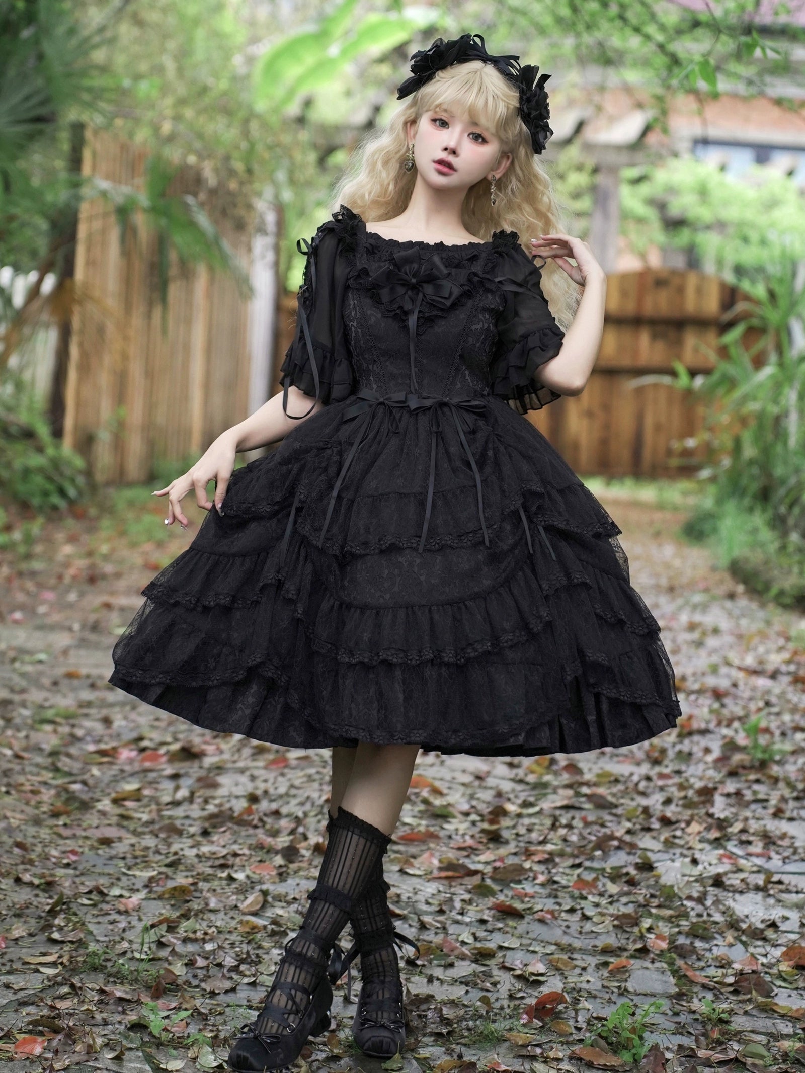 Eieyomi Gothic Princess Black Lolita JSK Dress and Chiffon Top
