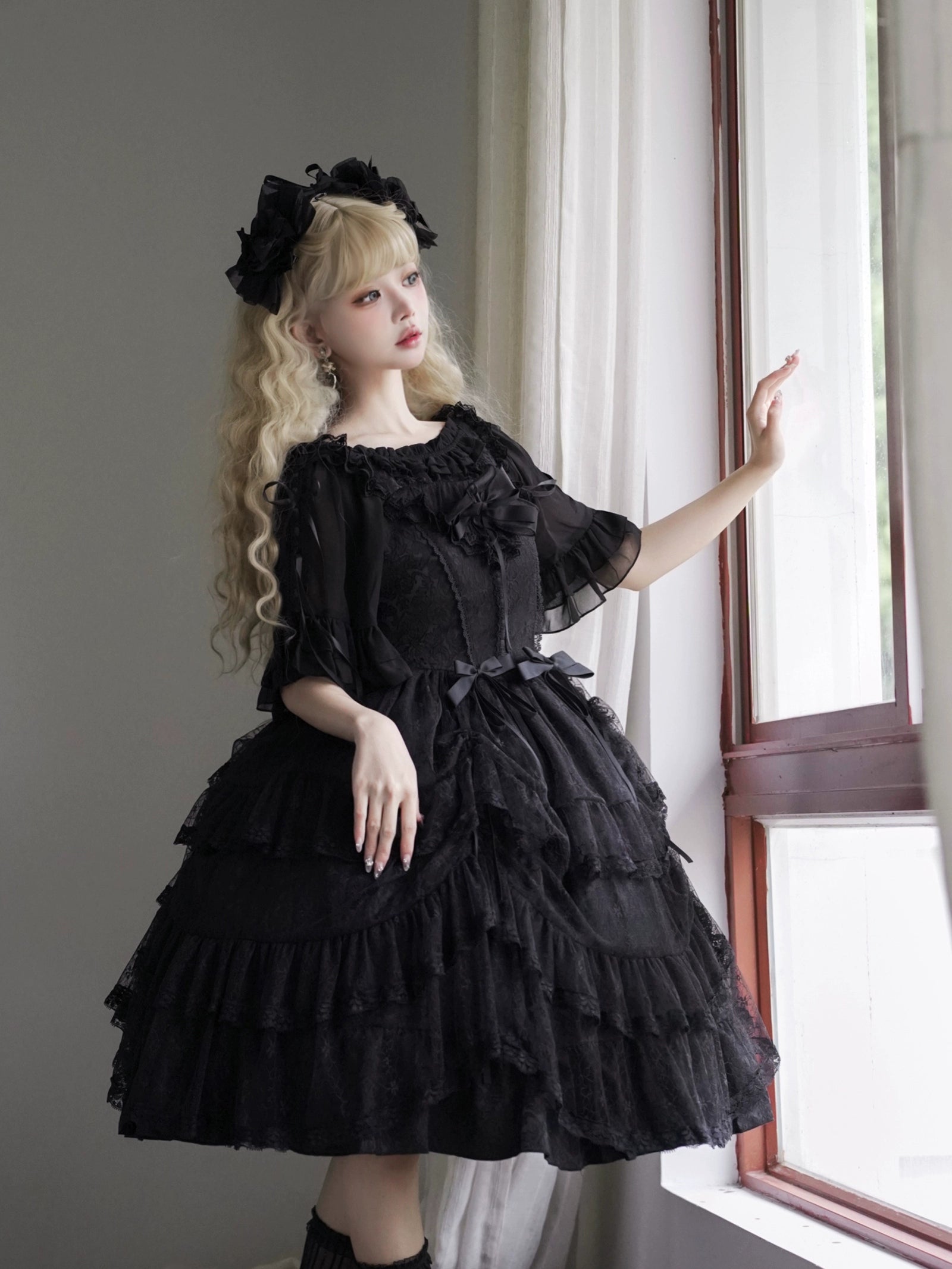 Eieyomi Gothic Princess Black Lolita JSK Dress and Chiffon Top detail 3