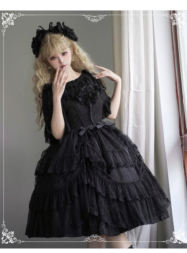 Eieyomi Gothic Princess Black Lolita JSK Dress and Chiffon Top detail 5