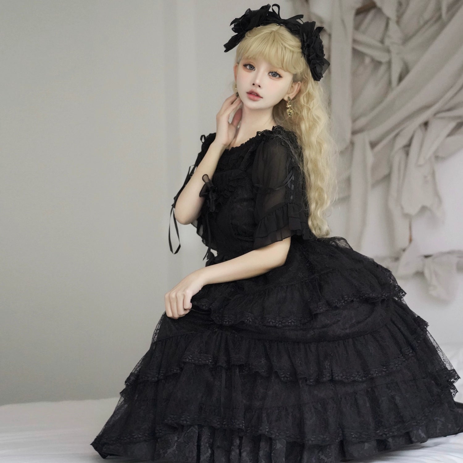 Eieyomi Gothic Princess Black Lolita JSK Dress and Chiffon Top detail 6