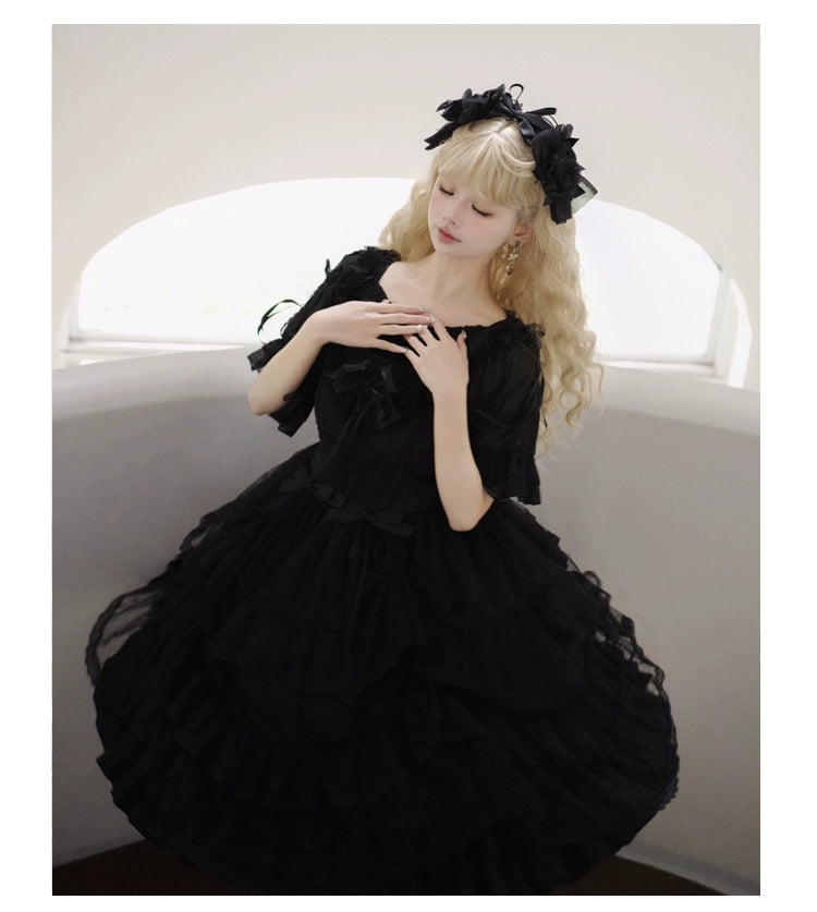 Eieyomi Gothic Princess Black Lolita JSK Dress and Chiffon Top detail 8