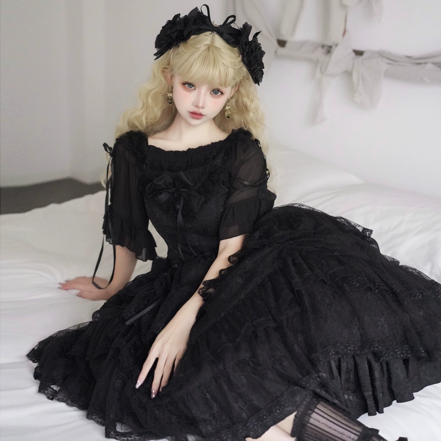 Eieyomi Gothic Princess Black Lolita JSK Dress and Chiffon Top detail 9