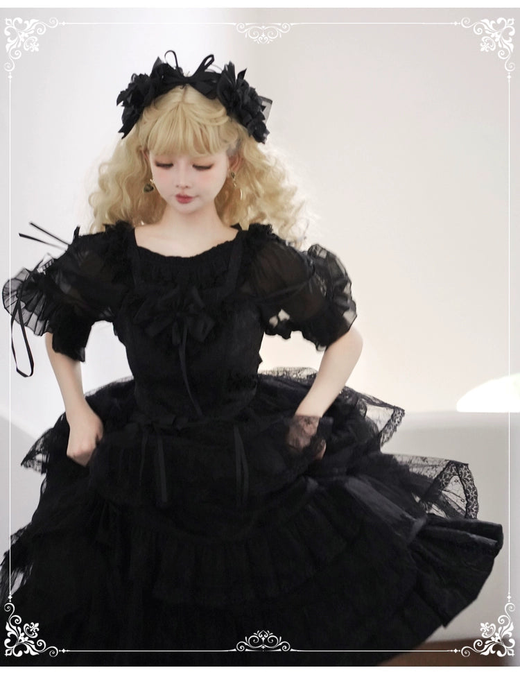 Eieyomi Gothic Princess Black Lolita JSK Dress and Chiffon Top detail 10