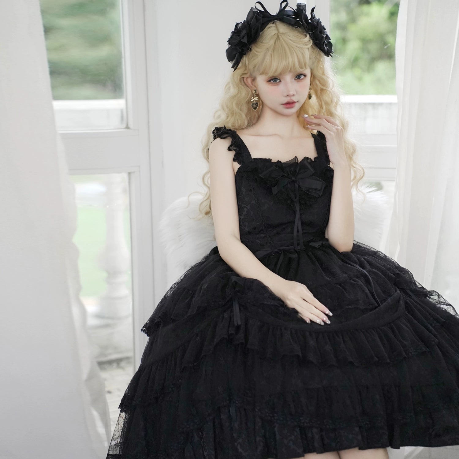 Eieyomi Gothic Princess Black Lolita JSK Dress and Chiffon Top detail 11