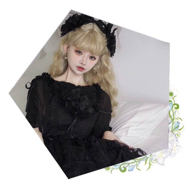 Eieyomi Gothic Princess Black Lolita JSK Dress and Chiffon Top detail 13