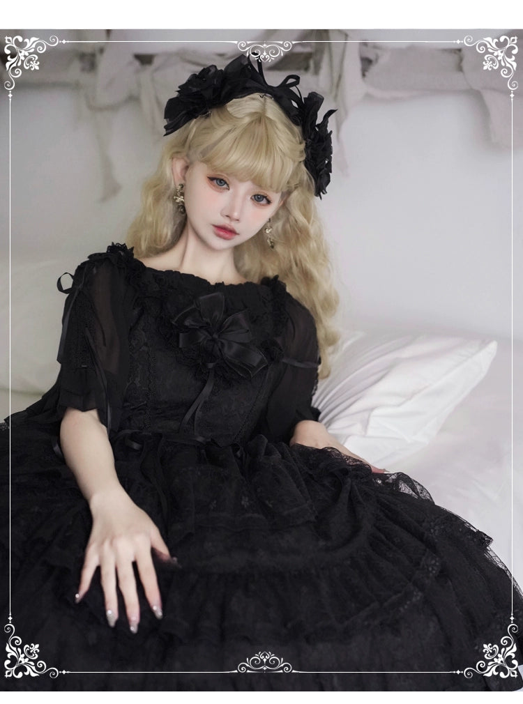 Eieyomi Gothic Princess Black Lolita JSK Dress and Chiffon Top detail 16